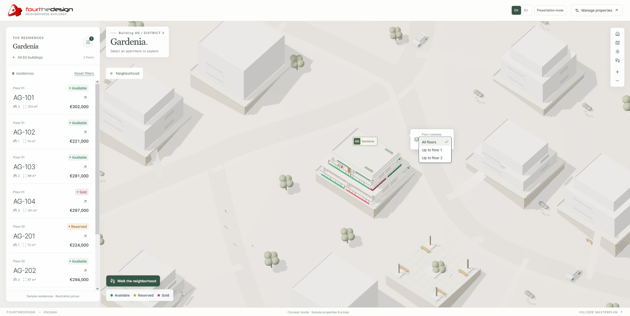 Interactive 3D building and residence selection for real estate