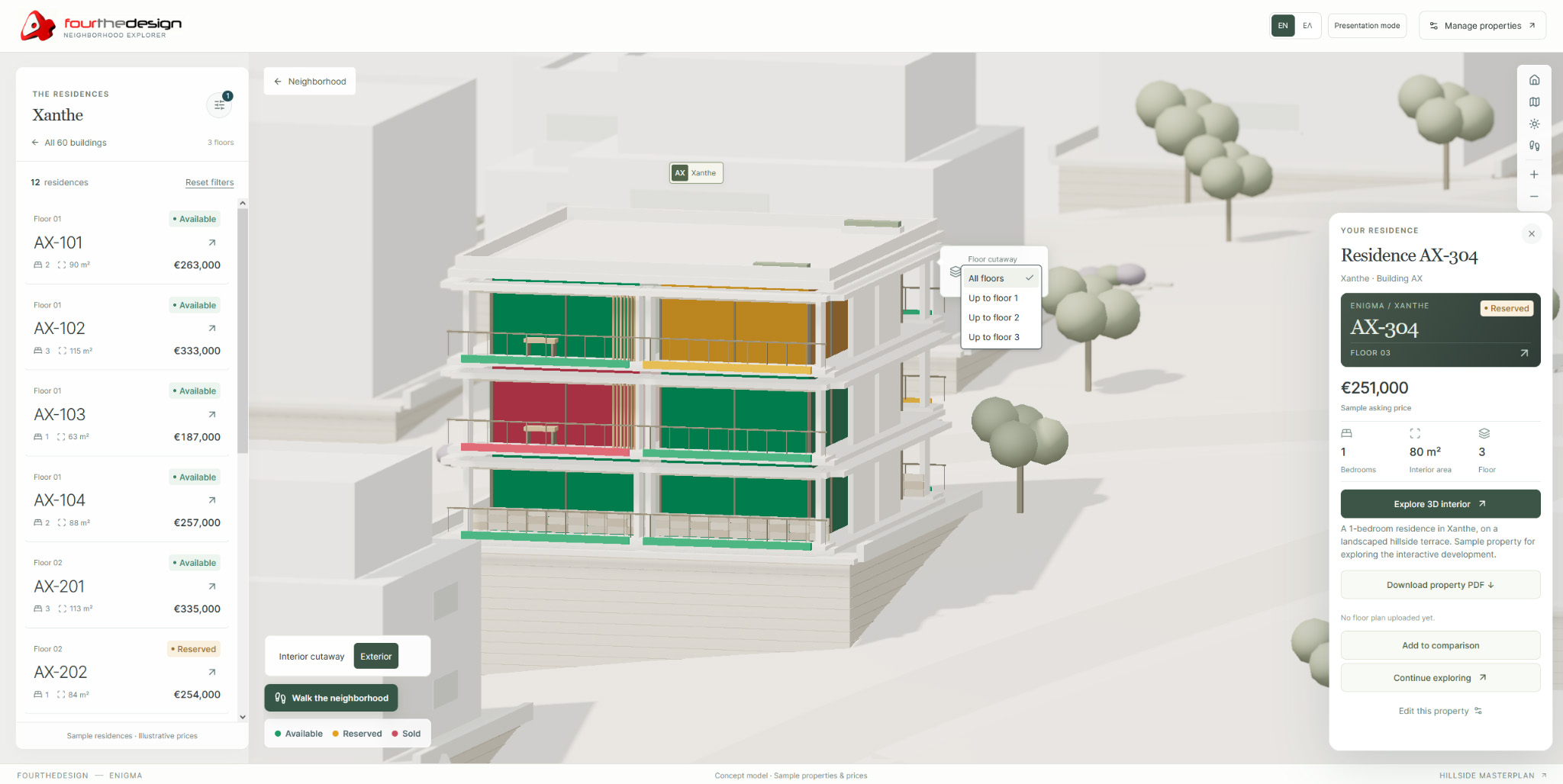 Interactive real estate property details with pricing and availability